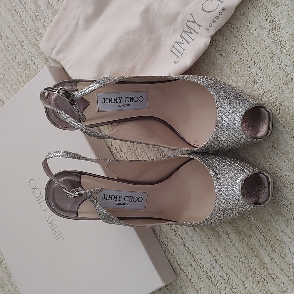 Jimmy Choo 247 Clue Glitter Fabric Champagne Platform Size 37.5